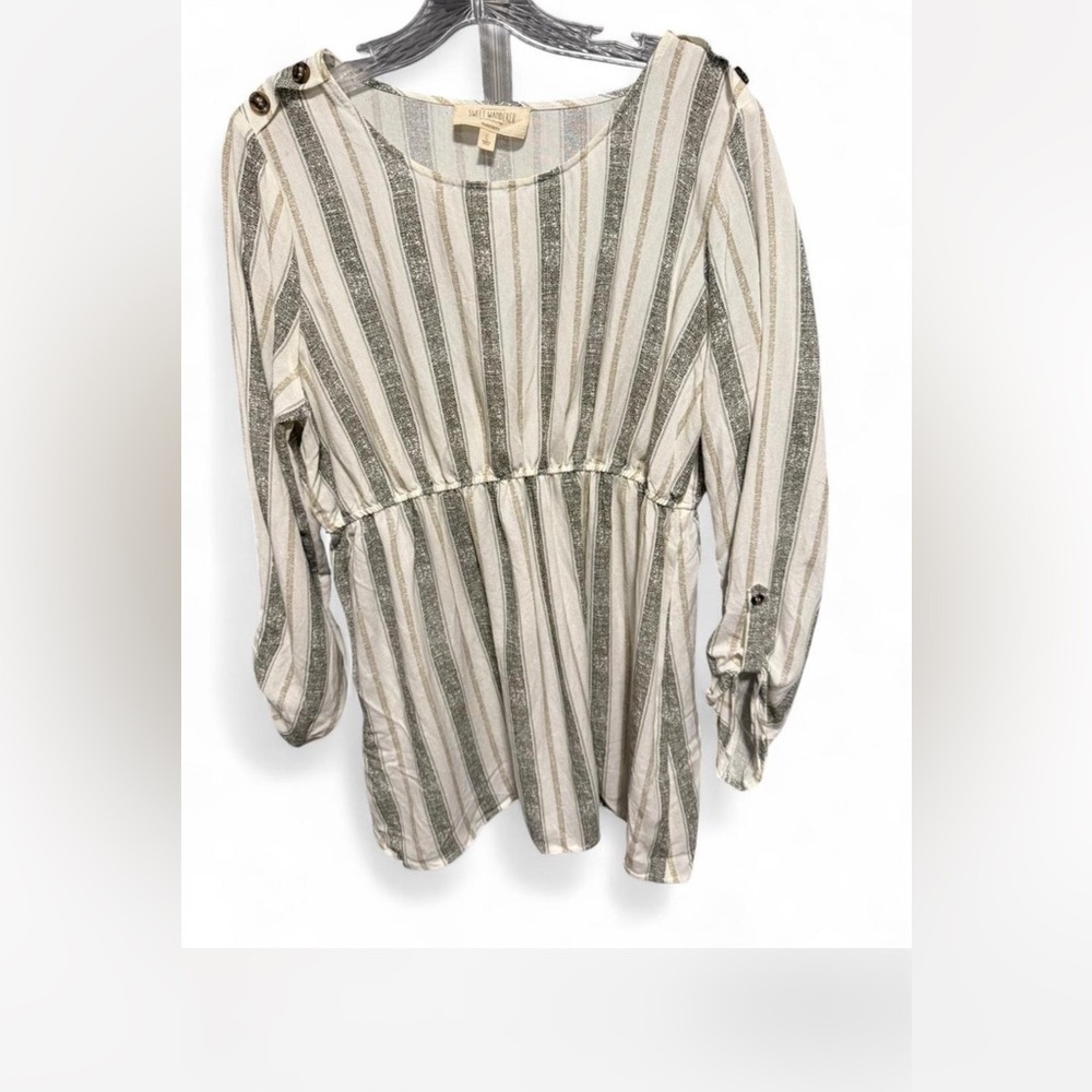 Sweet Wanderer long sleeve blouse in a tan ivory black vertical stripe pattern